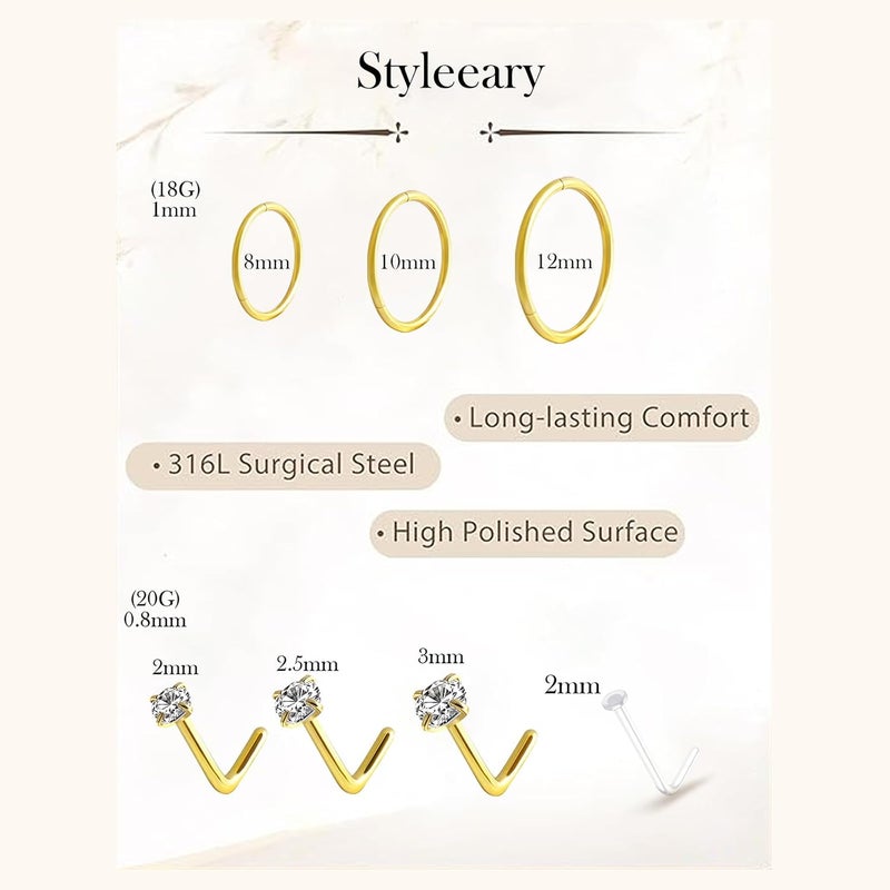 Styleeary Store خواتم أنف من الفضة المضادة للحساسية / ذهب عيار 14 مملوء 18G حلقات أنف 8mm 10mm 12mm مجموعة خواتم أنف: 12 قطعة من الفولاذ المقاوم للصدأ الجراحي 316L، دبابيس أنف 20G، CZ، نجمة، قلب، دبابيس أنف، مجوهرات ثقب أنف على شكل L للنساء والرجال - Image 5